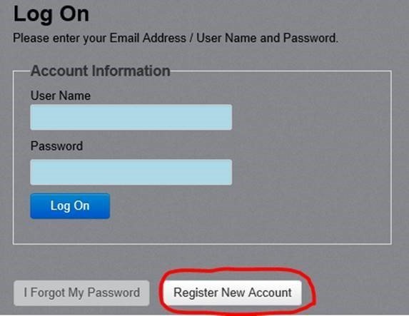 Image of Register New Account button on log on screen
